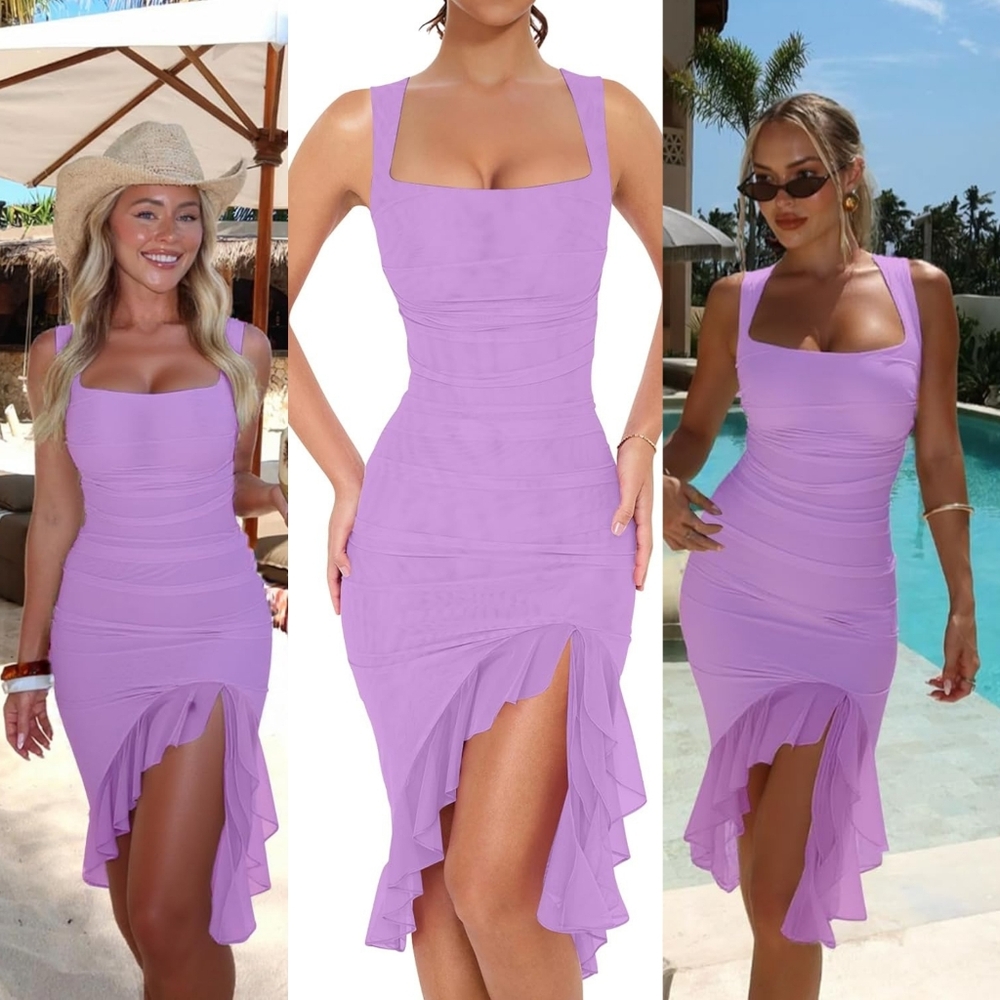 Elegant Lavender Ruffle Dress Sleeveless Bodycon Ruffle Hem Midi Dress